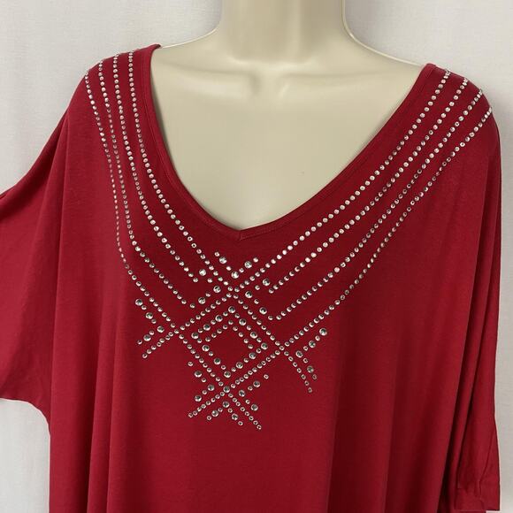 Catherines Top 3X Red Rhinestone Embellished V Neck Dolman Slinky Knit Glam - Picture 2 of 13